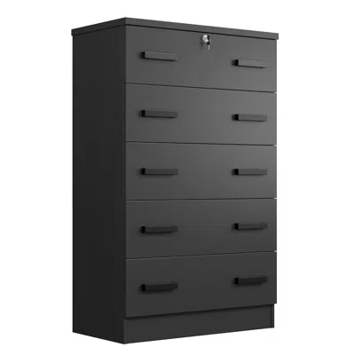 Woodpeckers Furniture And Mattress Cindy 5 Drawer Chest Wooden Dresser With Lock In Black (black)