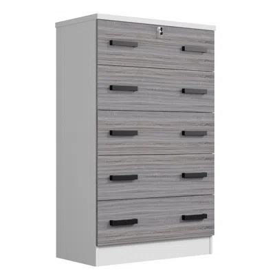 Woodpeckers Furniture And Mattress Cindy 5 Drawer Chest Wooden Dresser With Lock (white & Grey) In Gray