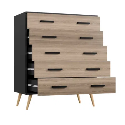 Woodpeckers Furniture And Mattress Eli Mid-century Modern 5 Drawer Chest In Black &sonoma Oak Color