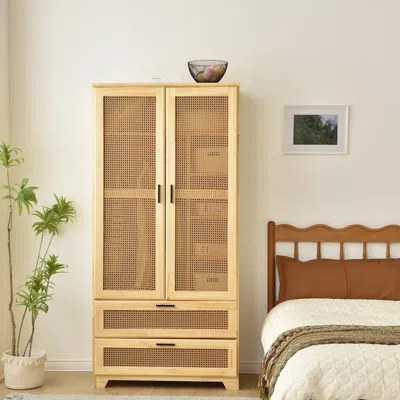 Woodpeckers Furniture And Mattress Solid Pine Wood Rattan Closet With 2 Drawers In Multi Color