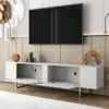 Woodpeckers Furniture And Mattress Tv Stand 71" With Gold Legs And Two Spacious Doors In White