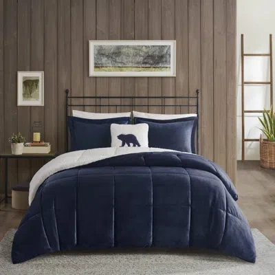 Woolrich Alton Plush To Sherpa Down Alternative Ultra-soft Comforter Set In Navy,ivory