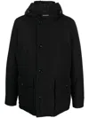 Woolrich Padded Jet Black Parka With Logo Print And Drawstring Hood In Black