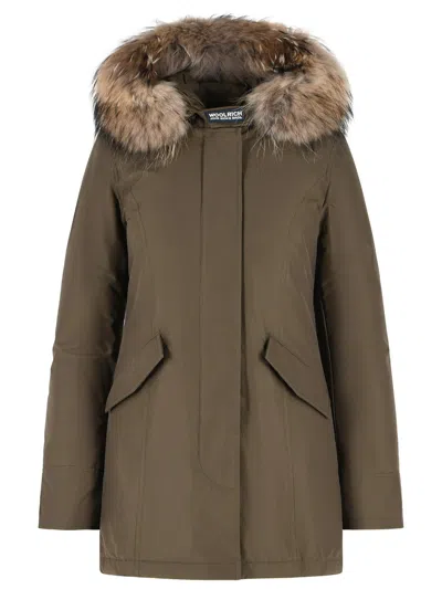 Woolrich 'arctic Racoon' Green Cotton Blend Parka In Gray