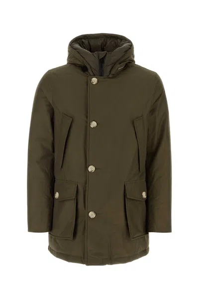 Woolrich Army Green Cotton Blend Down Jacket In Darkgreen
