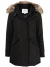 Woolrich Mid-length Black Parka With Detachable Fur-trimmed Hood In Brown