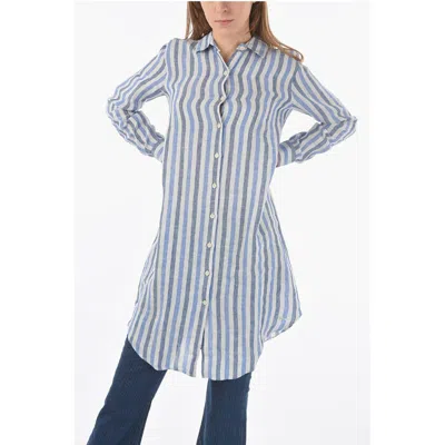 Woolrich Awning Striped Linen Shirt With Buttons On The Sleeve In Gray