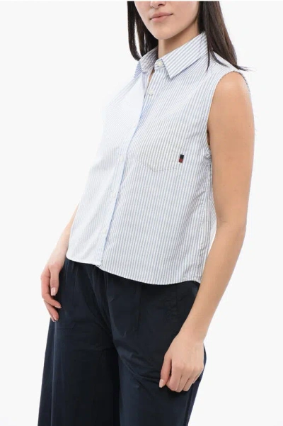 Woolrich Awning Striped Sleeveless Shirt With Breast-pocket In Blue