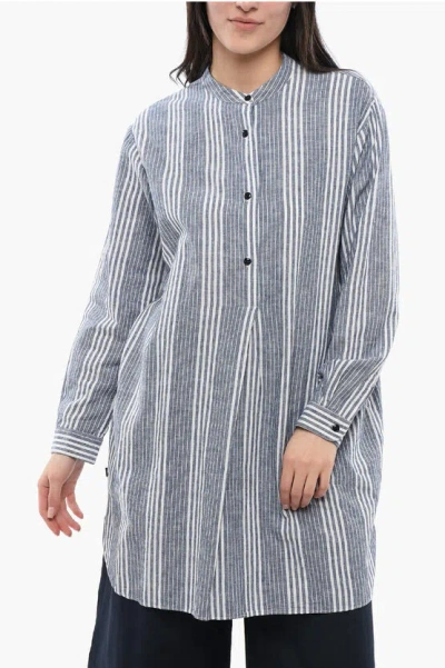 Woolrich Balanced Stripe Organic Cotton Shirt With Mandarin Collar In Blue