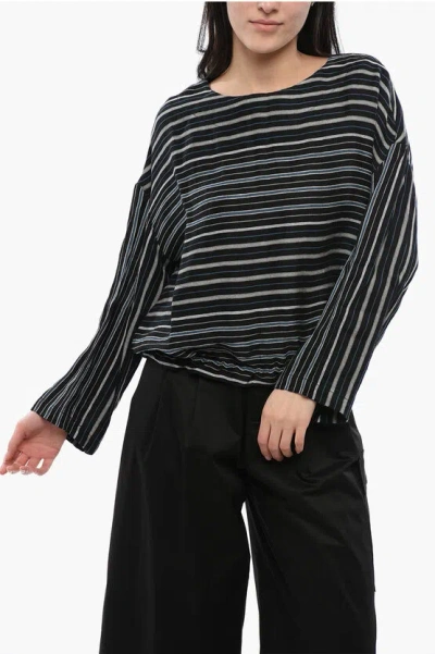 Woolrich Balanced Stripe Varsity Linen Blend Blouse In Black