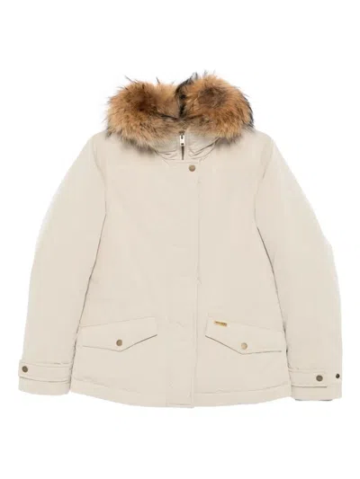 Woolrich Beige Fur Trim Coat In White