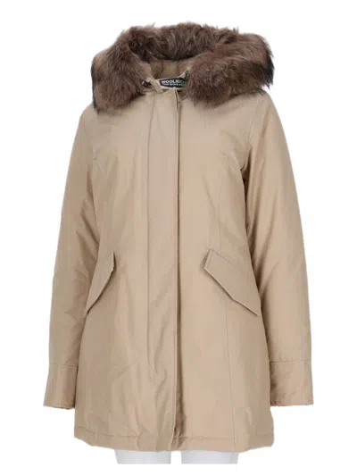 Woolrich Beige Wool-blend Fur Trim Casual Jacket In Brown
