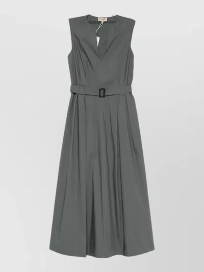 Woolrich Belted Cotton Midi Dress Pleated Skirt In Gray