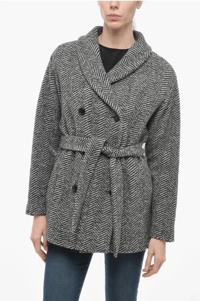 Woolrich Belted Double Breasted Woolen Coat In Grey
