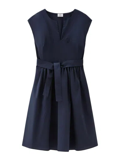 Woolrich Belted Poplin Short Dress In Blue