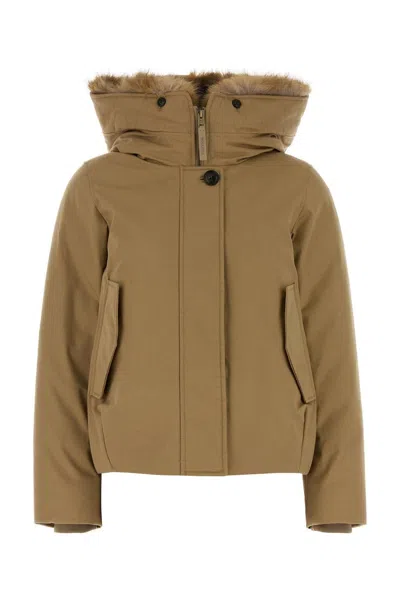 Woolrich Best Cotton Faux Fur Mini Short Parka Jacket In Brown