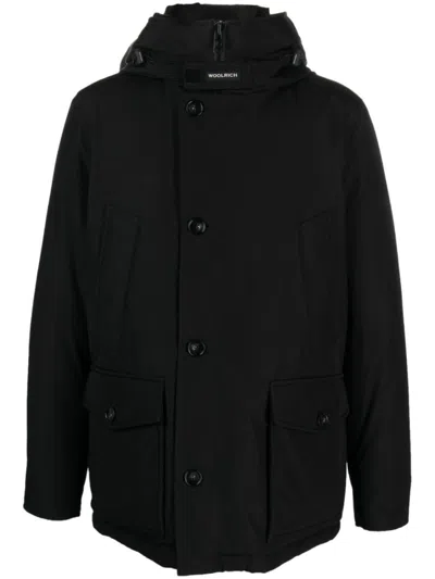WOOLRICH BLACK COTTON BLEND DOWN-FEATHER JACKETS
