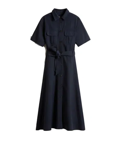 Woolrich Black Long Dress With Short Sleeves And Belt In Blue