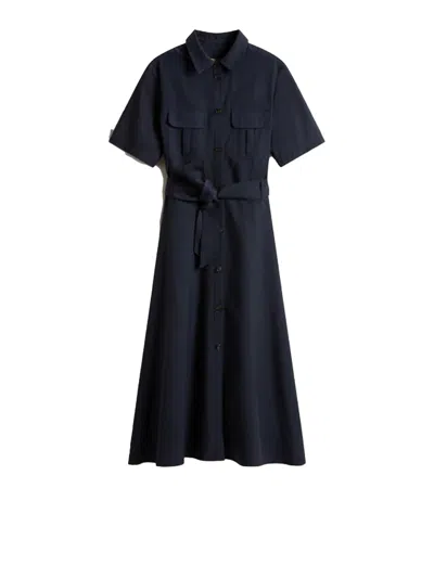 Woolrich Black Long Dress With Short Sleeves And Belt In Blue