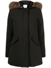 Woolrich Insulated Black Parka With Fur Trimmed Hood In Animal Print