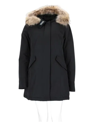 Woolrich Black Wool-blend Fur-trim Parka