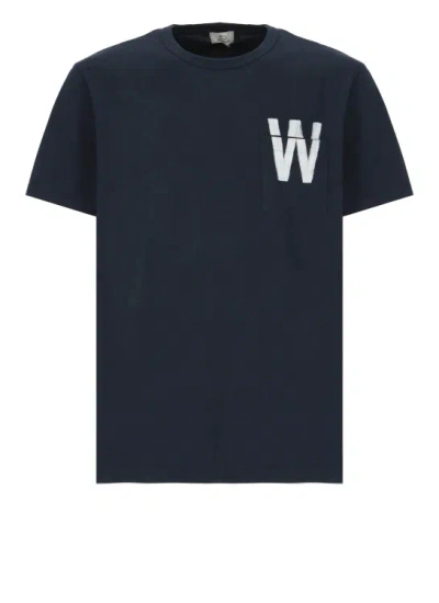 Woolrich Blue Cotton T-shirt With Logo In Black