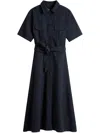 Woolrich Black Long Dress With Short Sleeves And Belt In Blue