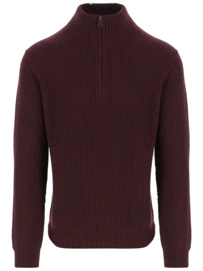 Woolrich Bordeaux Wool Blend Sweater With Front Zipper And Rib Knitting In Brown