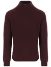 Woolrich Bordeaux Wool Blend Sweater With Front Zipper And Rib Knitting In Burgundy