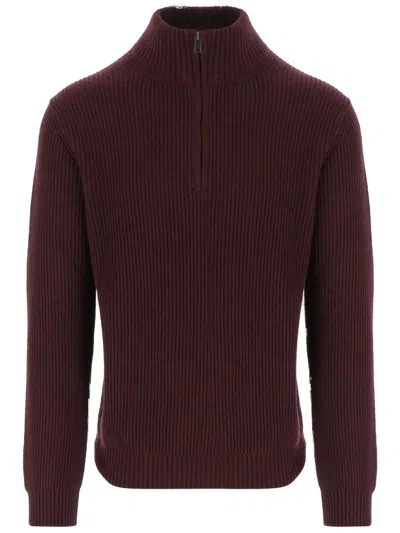 WOOLRICH BORDEAUX WOOL BLEND SWEATER WITH FRONT ZIPPER AND RIB KNITTING