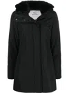 Woolrich Thigh-length Black Coat With Classic Hood And Logo Patch In Black