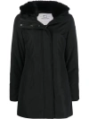 Woolrich Thigh-length Black Coat With Classic Hood And Logo Patch In Black