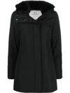 Woolrich Thigh-length Black Coat With Classic Hood And Logo Patch In Black