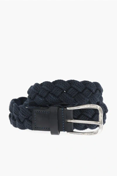 Woolrich Braided Belt With Leather Trim 35mm In Blue