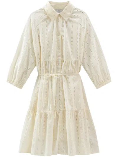 Woolrich Tiered Skirt Cotton Shirt Dress With Puff Sleeves In White