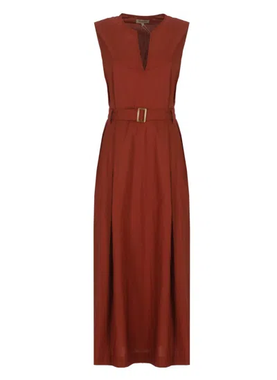 Woolrich Brown Cotton Belted Long Dress In Burgundy