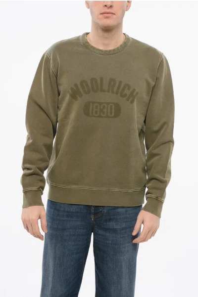 Woolrich Brushed Cotton Crewneck Sweatshirt With Printed Logo In Lake Olive