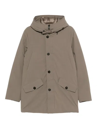 Woolrich Button Hooded Jacket In Brown