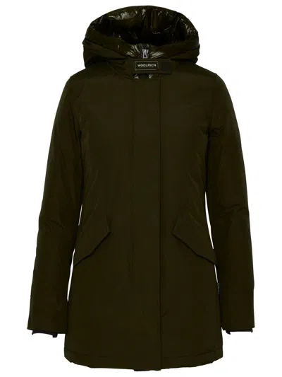 Woolrich Button-up Hooded Long Coat In Green