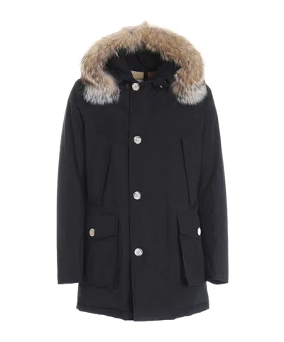 Woolrich Button-up Hooded Coat In Black