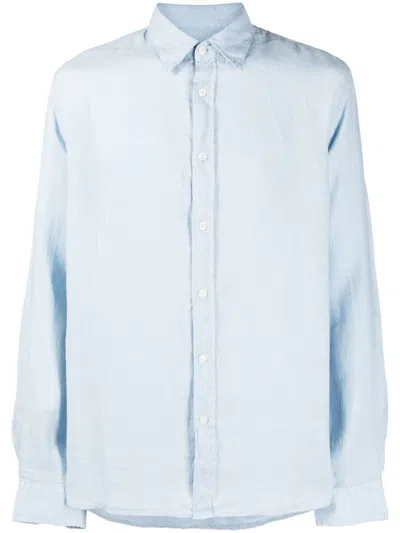 Woolrich Long-sleeved Linen Shirt In Light Blue