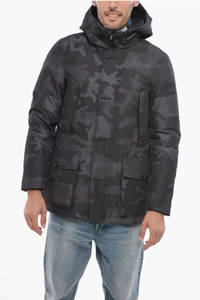 Woolrich Camouflage Gtx Utility Down Jacket With Hood In Black