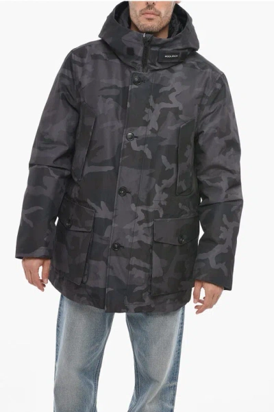 Woolrich Camouflage Gtx Utility Down Jacket With Hood In Grey