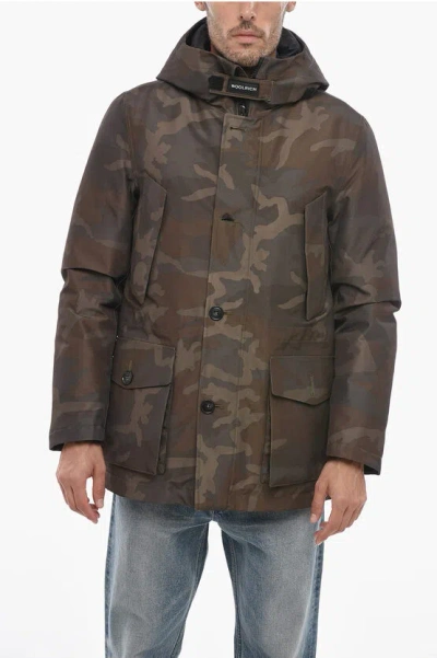 Woolrich Camouflage Utility Down Jacket With Hood In Brown