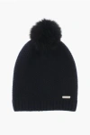 Woolrich Cashmere Beanie With Fur Pompom In Blue