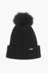 Woolrich Cashmere Blend Beanie With Fur Pompom In Black