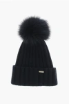 Woolrich Cashmere Blend Beanie With Fur Pompom In Black
