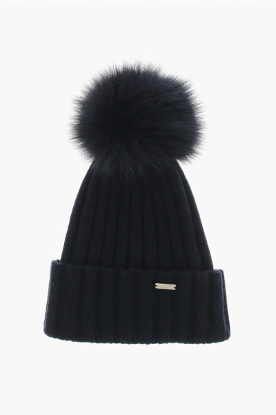 Woolrich Cashmere Blend Beanie With Fur Pompom In Black