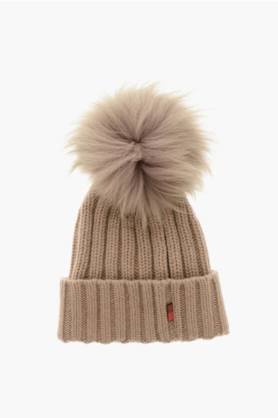 Woolrich Cashmere Blend Beanie With Fur Pompom In Brown