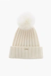 Woolrich Cashmere Blend Beanie With Fur Pompom In Neutral